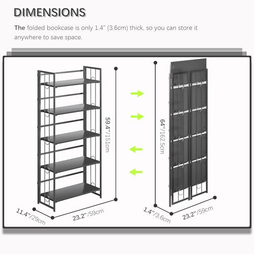 4NM No Assembly 5 Tiers Folding Bookshelf, 59.4" H Foldable Storage Shelves Vintage Bookcase Standing Racks Study Organizer Home Office - All Black - color: All Black, size: 5-Tier
