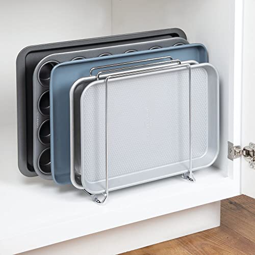 mDesign 5 Slot Pot and Pan Rack — Metal Wire Rack for Cabinets, Pantries or Kitchen Surfaces — Freestanding Pan Stand for Pans, Pots, Lids and Crockery – Silver - color: Chrome, size: Pack of 1