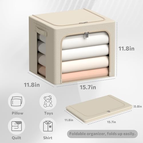 CYhom 3Pack Frame Storage Box - Clothes Storage Bin Bags Oxford Fabric Foldable Stackable Container Organizer Set with Clear Window & Carry Handles (Beige, X-Small-36L) - color: Beige, size: Small-36L