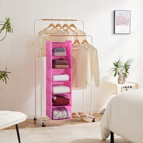 MAX Houser 6-Shelf Hanging Closet Organizer, Hanging Storage Shelves with 2 Sturdy Hooks Space-Saving for Bedroom, Foldable (Pink) - color: Pink