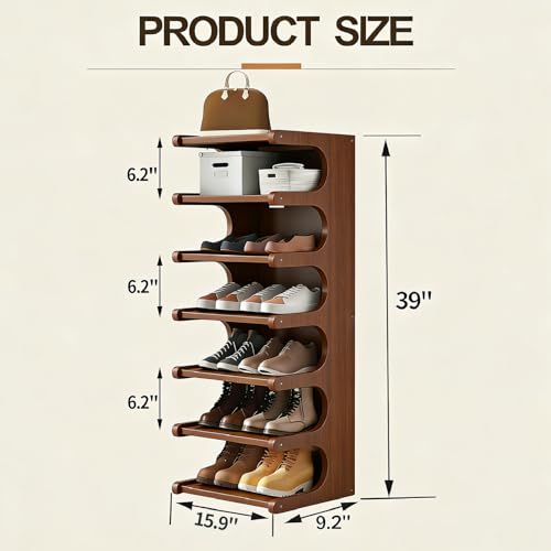 39" Bamboo Shoe Rack - Vertical Shoe Organizer Rack for Small Space, Narrow Shoe Tower for Closet, Entryway, Corner, Tall Shoe Shelf with Removable Shelves, Flexible Storage Shelf for Saving Space - color: Walnut - Brown