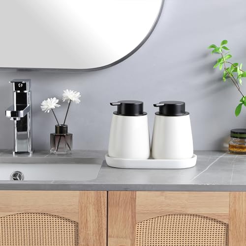 2 Pack White Round Soap Dispenser Tray - 8'' Ceramic Vanity Tray & Organizer Plate Set, Bathroom & Kitchen Countertop Decor for Soap Dispenser, Jewelry, Cosmetics, Sink - color: White - 2 Pack