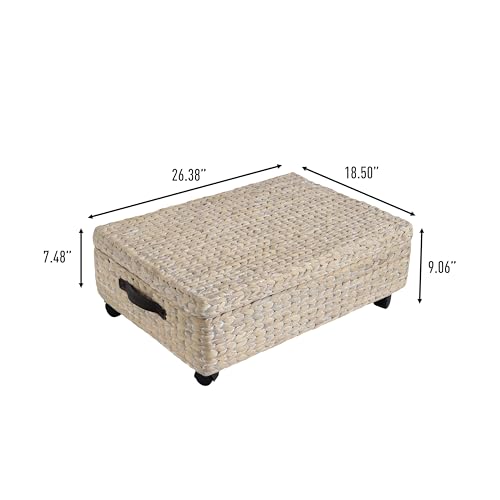 happimess BSK1006D Chett 26.38" Minimalist Hand-Woven Hyacinth/Wood Underbed Storage Bin with Wheels and Handles, White Wash/Dark Brown for Storage and Decoration in Bathroom, Bedroom, Living Room - color: White Wash/Dark Brown