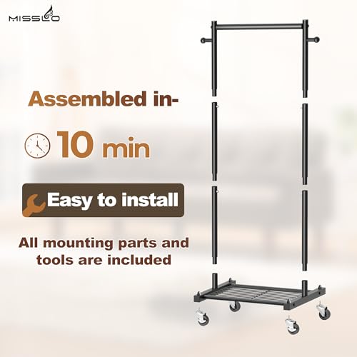 MISSLO Small Clothing Racks for Hanging Clothes 45" Short Clothes Rack with Shelves Metal Rolling Garment Rack with Wheels for Small Space, Closet, Wardrobe, Adults & Kids, Black - color: Black