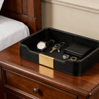 Luxury Leather Valet Tray,Jewelry Tray,Desktop Storage Organizer,Caddy Holder for Cosmetic,Jewelry,Watch,Keys,Phone,Wallet,Remote Controller,Pen, (black) - color: black