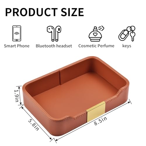Luxury Leather Valet Tray Desktop Storage Organizer,Bedside Vanity Catchall Tray Nightstand Caddy Holder for Cosmetic,Jewelry,Watch,Keys,Phone,Wallet,Remote Controller,Pen,Orange - color: Orange