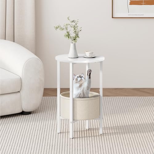 Vagusicc Round Side Table End Table with Storage Basket, Small Side Table Round Nightstand for Small Spaces, Tall Oval End Table with Steel Frame, Coffee Bedside Table for Living Room Bedroom, White - color: White