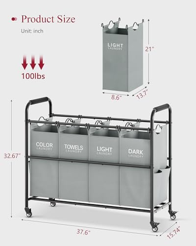 Tajsoon 4 Bag Laundry Sorter Cart, 4 Section Laundry Hamper Sorter with Heavy Duty Lockable Rolling Wheels, Laundry Separator Hamper with Removable Bags for Dirty Clothes Storage, Grey - color: Grey