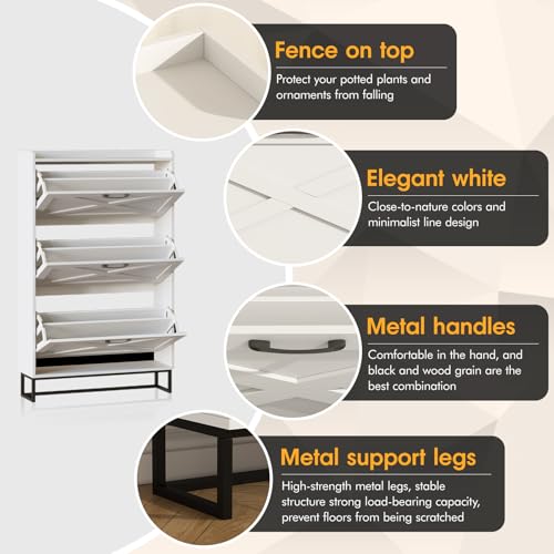 Maupvit Shoe Storage Cabinet with 3 Flip Drawers, Freestanding Organizer with Metal Legs for Entryway, Narrow Shoe Rack Cabinet, White - color: White, style: 3-Drawers