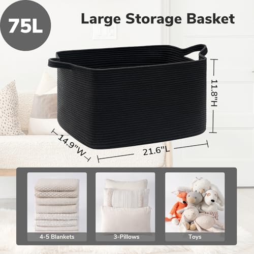 Goodpick Large Blanket Basket Living Room, 21.6" x 14.9" x 11.8" Woven Storage Basket for Blankets, Toys, Rectangle Rope Dirty Clothes Baskets for Nursery, Bedroom, Black - color: Black, size: Large(21.6"L x 14.9"W x 11.8"H)