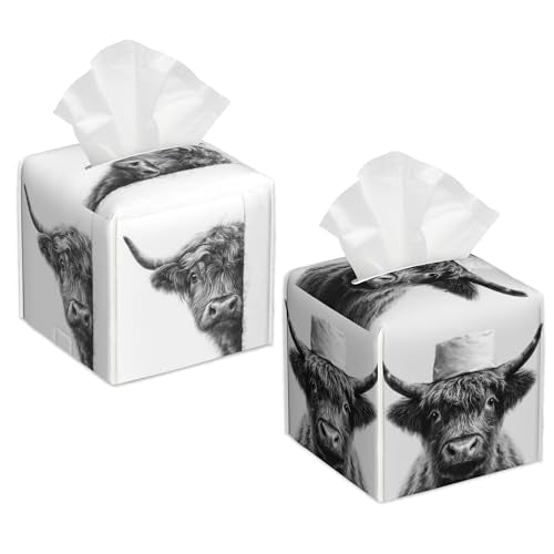 2 Pcs Tissue Box Cover Square,Funny Highland Cow Tissue Box Holder Leather Facial Paper Organizer Dispenser for Bathroom Kitchen Bedroom Night Stand Office Desk - color: Funny Highland Cow