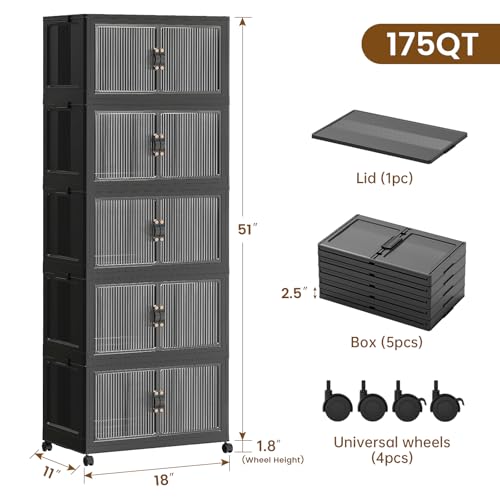 SAILUN 44Gal/175Qt Stackable Storage Bins Folding Collapsible Storage Bins with Lid, Closet Organizers and Storage Box with Door Black 18" W x 11" D x 51" H - color: Black, size: 1 Lid 5 Pack-18" W x 11" D x 51" H