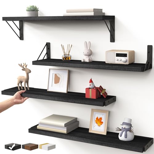 BAYKA Wall Mounted Floating Shelves, Wood Floating Wall Shelf for Books & Decor, Small Space-Saving Display & Organizer（Black，23in，Set of 4） - color: A. Black Board & Black Brackets, size: 23-inch Standard