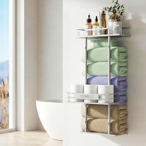 Towel Racks for Bathroom, 30inch Wall Mounted Towel Rack, Towel Storage for Small Bathroom Can Holds 6 Large Towels, Floating Shelf with Adjustable Tissue Basket(Sliver). - color: Sliver