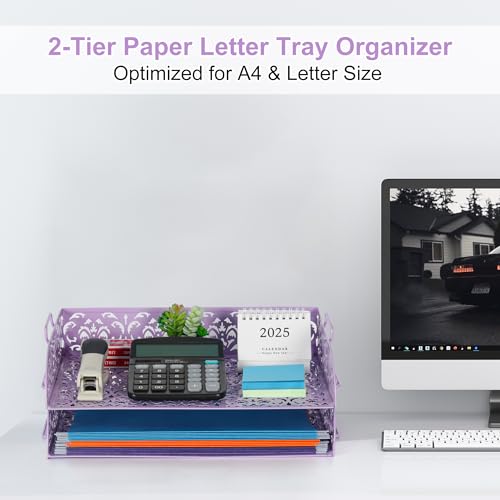 EasyPAG Paper Organizer for Desk 2 Tier Stackable Paper Tray for A4 Legal Size Folders Metal File Storage Desktop Organizer for Home Office School Teacher, Purple - color: Purple