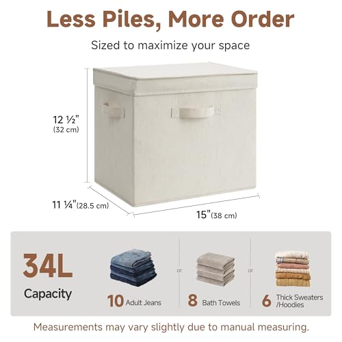 StorageWorks Fabric Storage Bins with Lids, Stackable Closet Storage Boxes with Handles, Decorative Storage Organizers, 15" x11¼x12½, Beige, 2-Pack - color: Beige, size: 15"L x 11¼"W x 12½"H