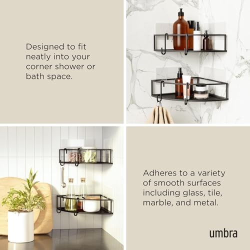 Umbra Cubiko Shower Corner Shelf, Metal Floating Shelves with Adhesive Mounting Strips, 2-Pack, Black - color: Black, size: Corner, style: Corner Shelf