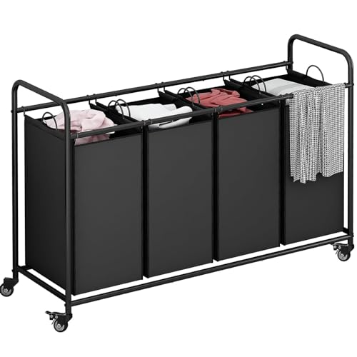 Laundry Sorter 4 Section Hamper Sorter with Heavy Duty Lockable Rolling Wheels Removable Bags Basket Separator for Dirty Clothes Storage,Black - size: 4 Bags Black