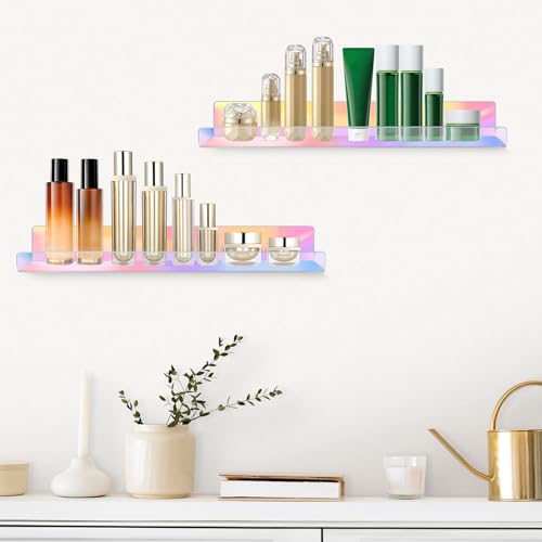 Dezzer 4 Pack Acrylic Shelves for Wall, 15" Acrylic Floating Shelves for Bathroom Bedroom, Invisible Bookshelf Wall Ledge Storage Shelf Books Perfume Toys Action Figure Display Shelves, Iridescent - style: 15 inch 4-pack Rainbow