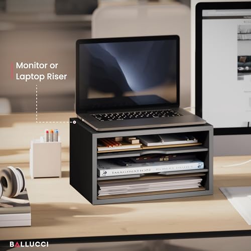 Ballucci File Organizer, 3-Tier Document Paper Sorter, Stackable Wood Desk Organizer, Mail Sorter and Monitor Stand with Storage Shelves, Black - color: Black, size: 3 Tier