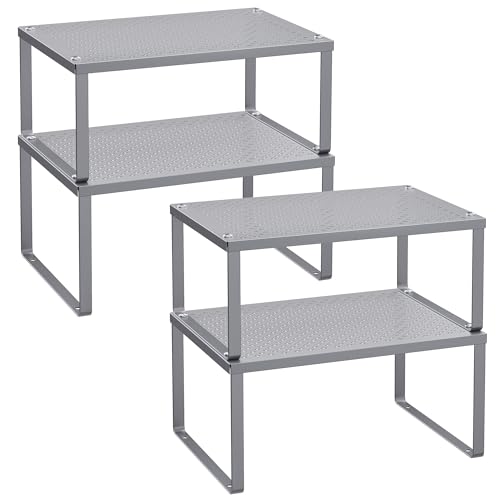 SONGMICS Spice Racks, Set of 4 Metal Cabinet Shelf Organizers, Countertop Organizers, Shelf Risers, Stackable, Expandable, Silver UKCS006S01 - color: Silver