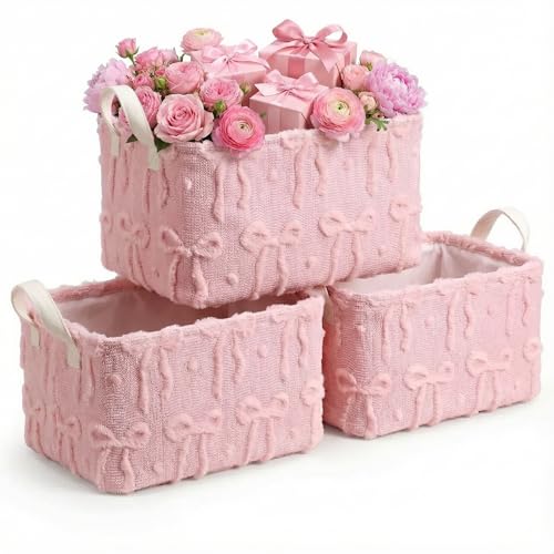 Kathfly 3 Pcs Bow Foldable Storage Baskets Plush Faux Fur Jacquard Design Laundry Basket with Handles Waterproof Storage Bins Fabric Shelf Baskets for Organizing Closet Clothes - style: Bow