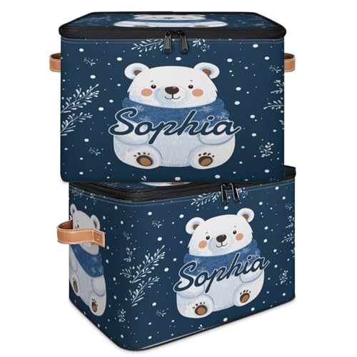 Custom Storage Basket with Name, Personalized Storage Bins with Zipper Lid, Foldable Fabric Storage Box Large capacity with Handle Snowflake White Bear - color: Option 1