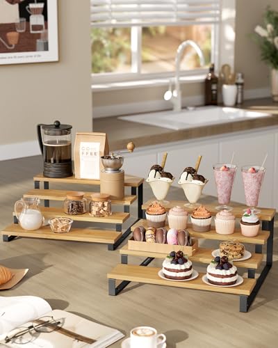 SONGMICS Display Risers, Set of 2 Engineered Wood Perfume Organizer Stand, 4-Tier Cupcake Stand Holder, Spice Rack, Shelf Risers for Figures, Dessert Shelves, Natural Beige and Ink Black UKCS216N01 - color: Natural Beige + Ink Black, size: 4 Tiers