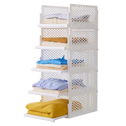 Pull-out Plastic Storage Basket,Stackable Closet Organizers Drawer Anti-Tipping, Reinforced Stable Shelf Container for Bathroom Laundry Room Storage, Space-Saving Clothes Storage (white, Large-5pcs) - size: Large-5pcs