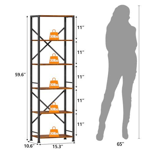 Furologee 6 Tier Tall Bookshelf, Industrial Narrow Bookcase, Display Standing Shelf Units, Metal and Wood Storage Rack Organizer for Living Room, Home Office, Entryway, Kitchen, Rustic Brown - color: Rustic Brown, size: 6 Tier - 15.3"W