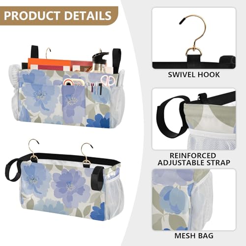 Bedside Caddy Metal Frame Hanging Organizer Bunk Bed Dorm Accessories Hook And Loop Storage Bag Large Pockets Beige Cornflower Pattern - color: Beige Cornflower Pattern