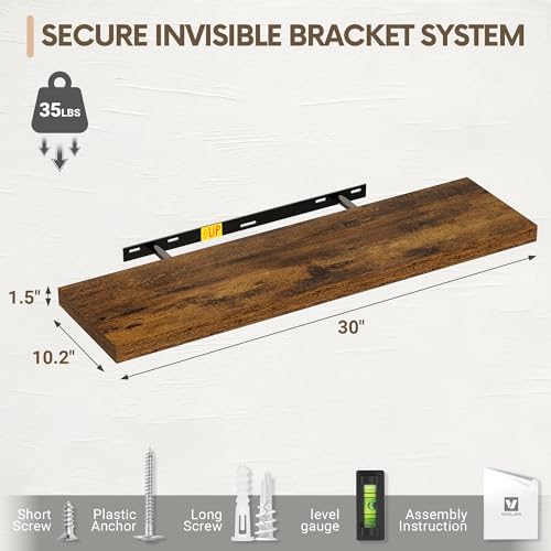 Vivelove 10 Inch Deep Floating Shelves 30 inch Long, 30 x 10 Wide Wall Shelves with Invisible Brackets, for Bedroom Bathroom Living Room Kitchen Office, Farmhouse Home Decor, Set of 2, Rustic Brown - color: Rustic Brown, size: 30”Wx10.2”Dx1.5”H