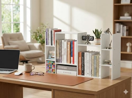 YIGANG Desk Shelf Organizer, 3-Tier Desktop Bookshelf for Computer Desk, Small Tabletop Hutch Storage Rack, Wood Office Supplies Organizer for Dorm, Home & Student (29 Inch Wide)，White