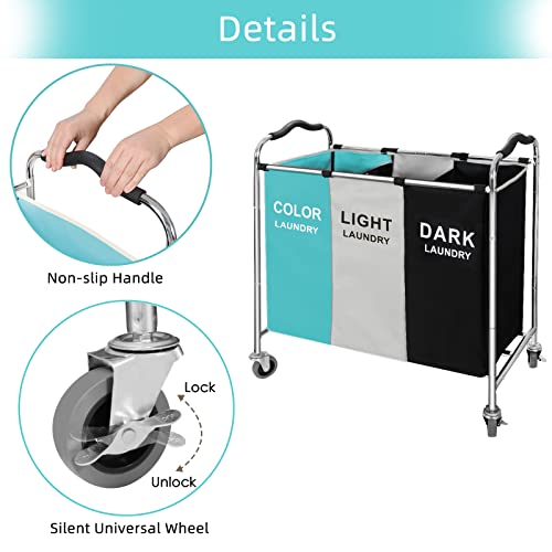 Laundry Basket, Large Laundry Hamper with Wheels, 3 Section Laundry Bag Organizer for Dirty Clothes; Dorm Room Essentials, Towel & Toys Storage Laundry Cart in Laundry Room Organization (Green) - color: Green