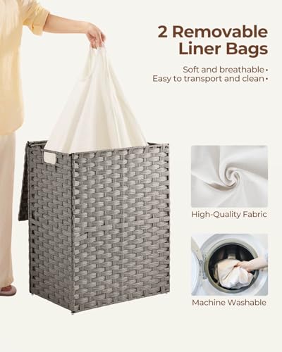 Greenstell Laundry Hamper with 2 Removable Liner Bags - 90L Divided Clothes Hamper, Handwoven Synthetic Rattan Foldable Laundry Basket with Lid and Handles Gray (18.3x13.3x24.0Inches) - color: Gray, size: 90L (18.3x13.3x24.0 Inches)