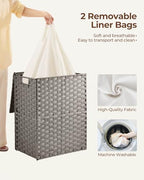 Greenstell Laundry Hamper with 2 Removable Liner Bags - 90L Divided Clothes Hamper, Handwoven Synthetic Rattan Foldable Laundry Basket with Lid and Handles Gray (18.3x13.3x24.0Inches) - color: Gray, size: 90L (18.3x13.3x24.0 Inches)