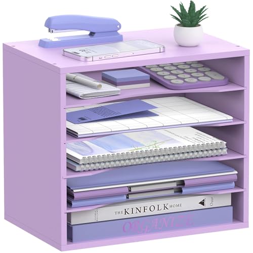 5-Tier Wood Desk Organizer, Paper Tray Organizer for Desk with Adjustable Storage Shelves, Desktop File Organization Paper Sorter Mail Holder for Office Home Classroom, Purple - color: Purple, size: 5 Tier