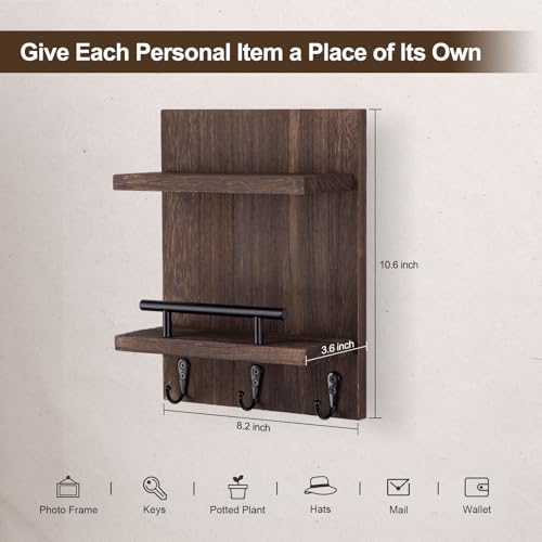 Key Holder Wall Mount, Mail Shelf Decor with 3 Key Hooks, Versatile Wood Wall Organizer for Entryway Hallway (8.2” x 10.6”x 3.6”) (Brown) - color: Brown