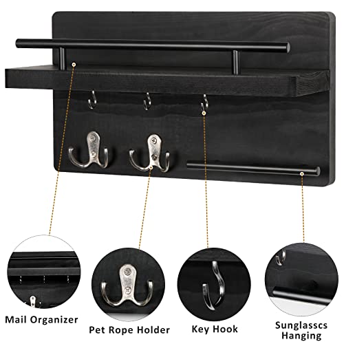 OurWarm Key Holder for Wall Decorative with 5 Key Hooks, Wall Mounted Key Hangers for Wall with Mail Key Rack, Wooden Mail Organizer with Shelf - color: Black