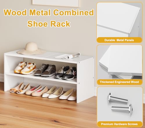 White Shoe Rack Organizer for Closet, 2-Tier Expandable Shoe Shelf, Stackable Iron Wood Combination Small Shoe Racks Shelves for Closets, Entryway,Small Space,Hallway,Bedroom,Bathroom,6-12 Pairs - color: White, size: 1 Pack (2 Tier)