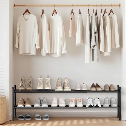 STORAGE MANIAC Long Expandable Shoe Rack, 12 Pairs Metal Wide Stackable Shoe Rack, Adjustable Shoes Shelf, Freestanding Shoes Organizer for Closet, Entryway, Hallway, Garage, Front Door, 2 Tiers - size: 2-tier