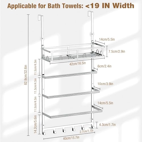 Aetyord Towel Racks for Bathroom Over The Door Towel Rack Towel Storage with Metal Shelf Basket and Hooks Silver - color: Silver-1