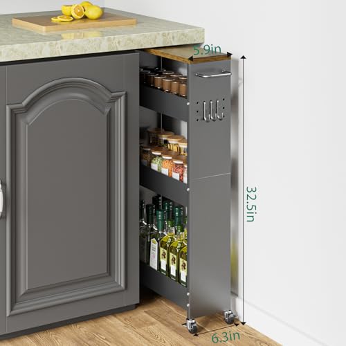 XYZLVSI Slim Storage Cart, 4 Tier Rolling Kitchen Cart on Wheels for Small Space, Narrow Laundry Bathroom Organizers Mobile Shelving Unit Metal Utility Cart with Handle, 5.9in Width, Gray - size: 5.9IN-Gray