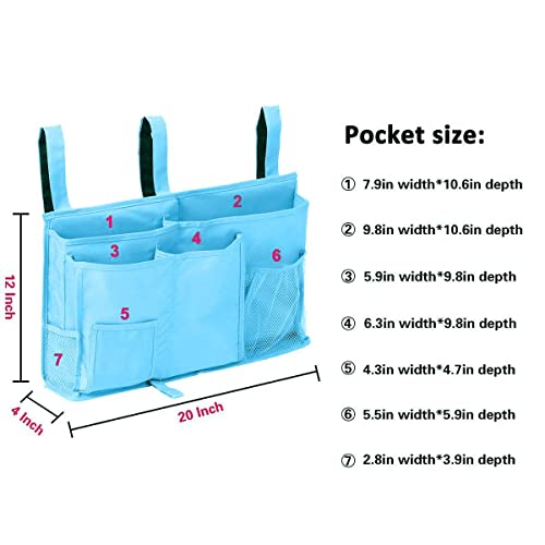 Createy Bedside Caddy Hanging Organizer Storage Bag Pocket for Bunk and Hospital Beds, College Dorm Rooms, Baby Bed Rails, Camp - 4 Pockets and 2 Hooks - color: Light Blue