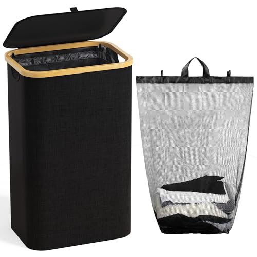 100L Laundry Hamper with Lid, Large Laundry Basket with Bamboo Handles, Clothes Hampers for Laundry with Removable Bag, Dirty Clothes Hampers for Bedroom Aesthetic, Black - color: Black