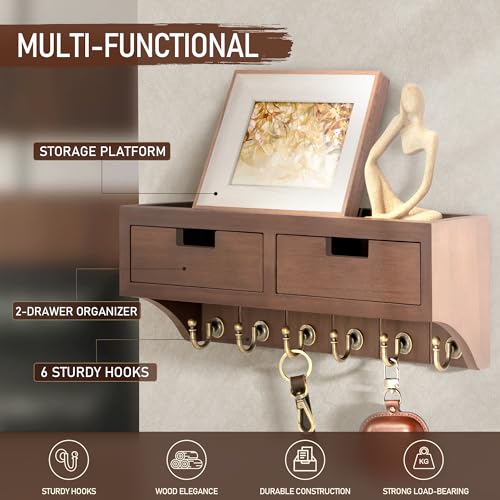 Rebee Vision Key and Mail Holder Wall Mount with 2 Drawer Organizer : Farmhouse Key Holder for Wall with 6 Key Hooks and Shelf - Rustic Home Decor for Apartment Essentials (Vintage Brown) - color: Brown, style: 2-Drawer