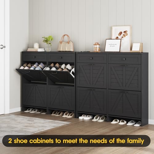 Halitaa Shoe Cabinet with 4 Flip Drawers & 2 Drawers,Farmhouse Shoe Storage Cabinet for Entryway,Slim Freestanding Organizer Rack for Front Door Entrance,Black - color: Black, style: 4-Drawers