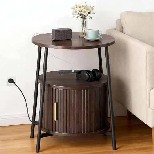 Round End Tables Set of 2: Fluted Side Table with Drawer & Charging Station, Mid-Century Modern Nightstand with Sliding Door for Small Space Storage, Living Room, Bedroom - color: Dark Walnut, size: 2 PACK