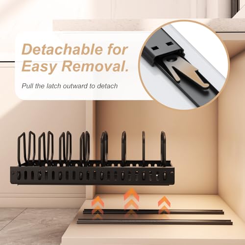 Pots and Pans Organizer Under Cabinet 2 Pack, Pull-Out Cabinet Organizer for Pot Lids, Bakeware, Dishes, 8 Adjustable Dividers (Black - color: Black
