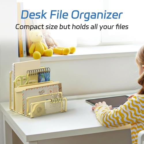 Mail Organizer Countertop with 5 Slot, Metal Mail Holder for Desk, File Holder Letter Sorter for Envelope, Bill and Document, Gold - color: Gold